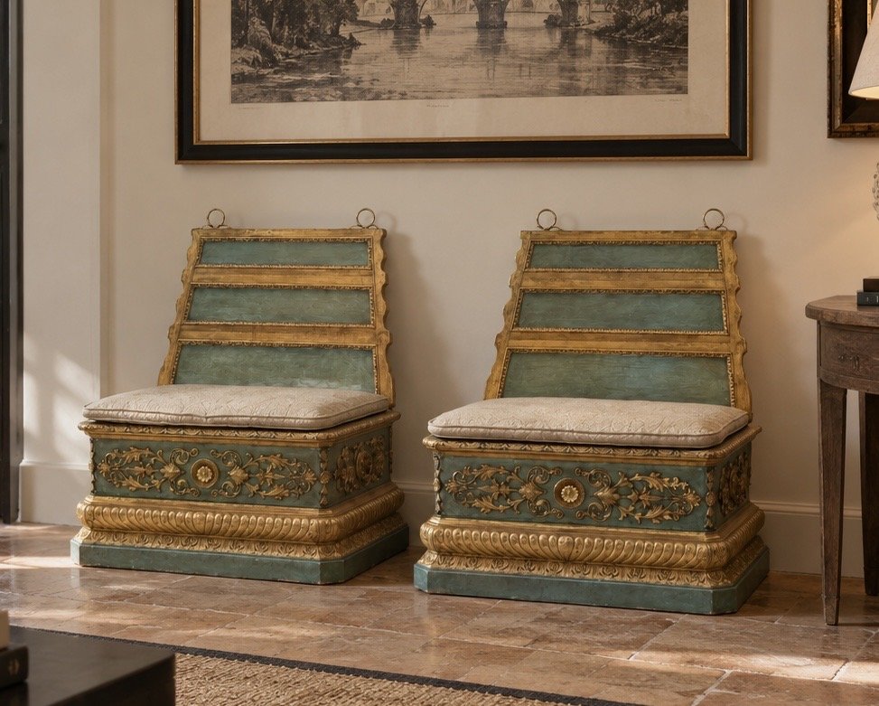 Coppia di panche veneziane in legno scolpito, laccato verde e dorato – Venezia, XVIII secolo-photo-2