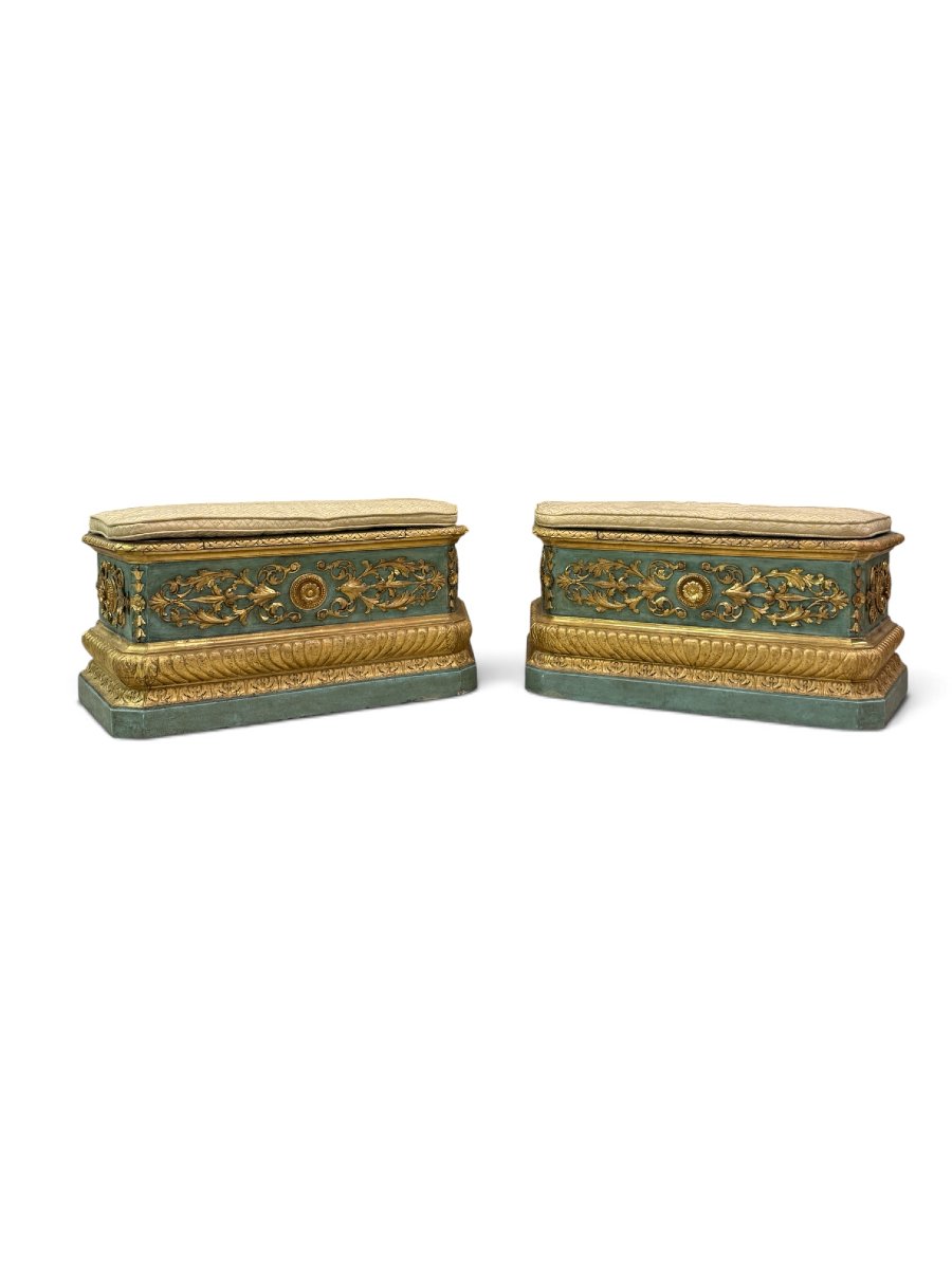 Coppia di panche veneziane in legno scolpito, laccato verde e dorato – Venezia, XVIII secolo-photo-3