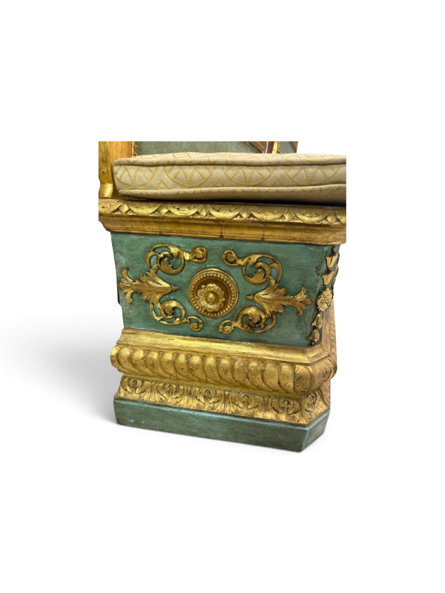 Coppia di panche veneziane in legno scolpito, laccato verde e dorato – Venezia, XVIII secolo-photo-2