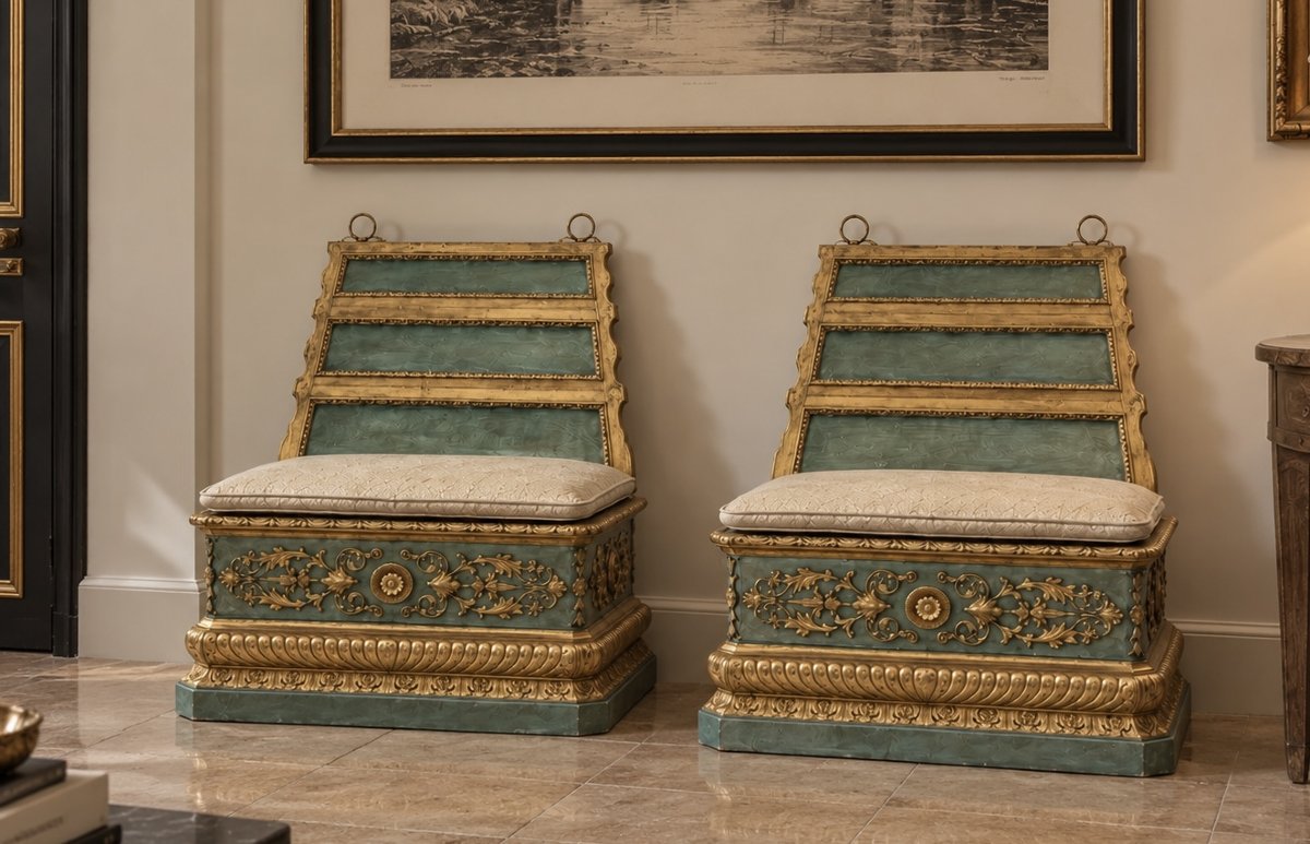 Coppia di panche veneziane in legno scolpito, laccato verde e dorato – Venezia, XVIII secolo