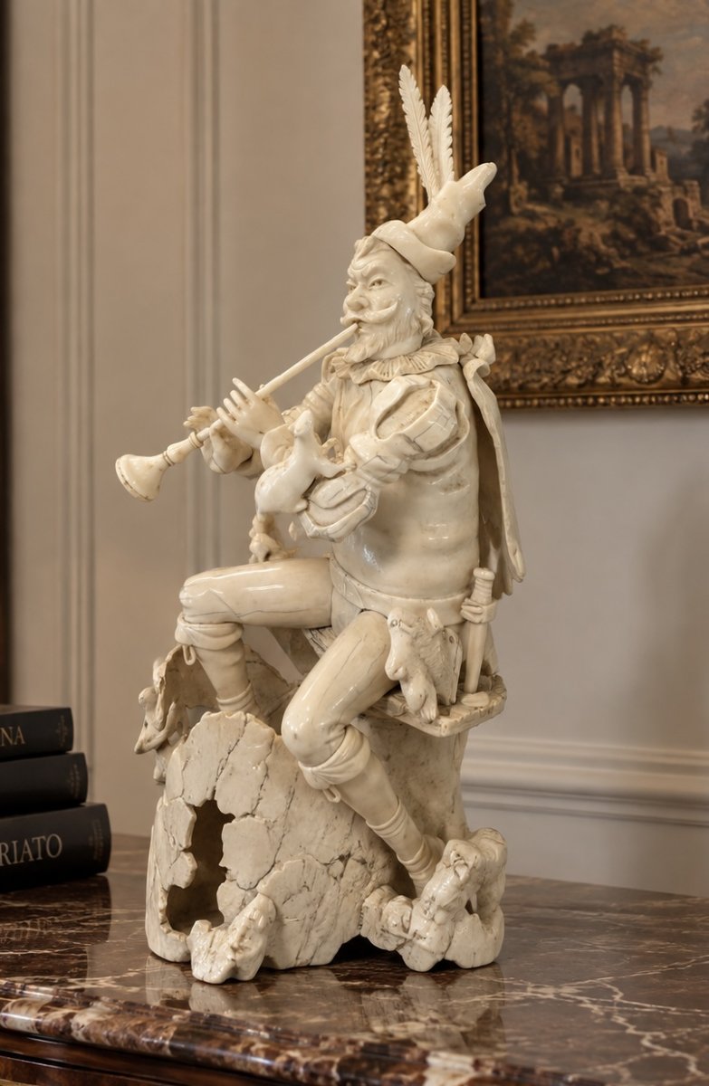 Scultura tedesca in avorio raffigurante un pifferaio, XIX secolo