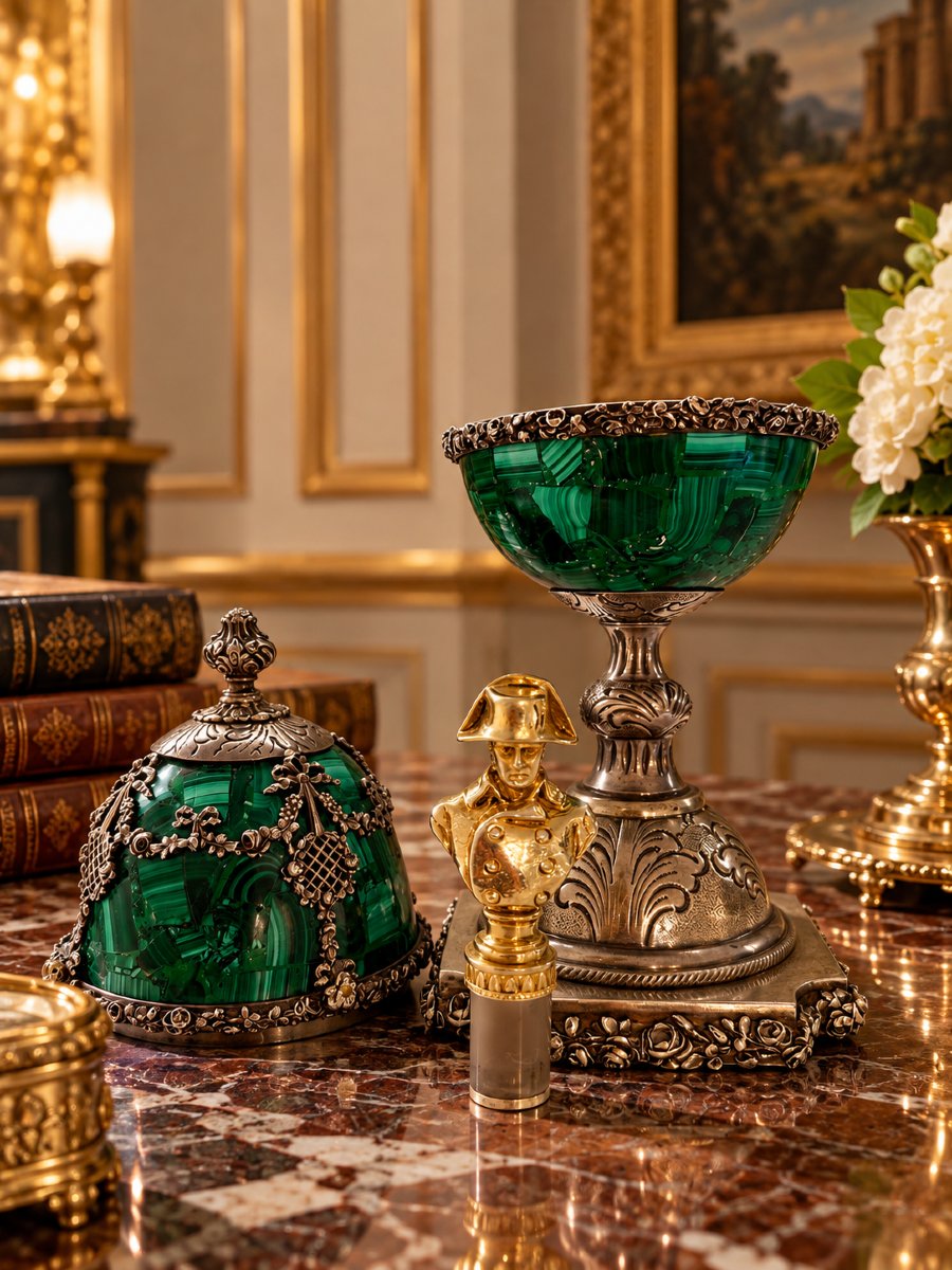 Uovo in malachite, argento e argento dorato con sigillo napoleonico, Francia-photo-2