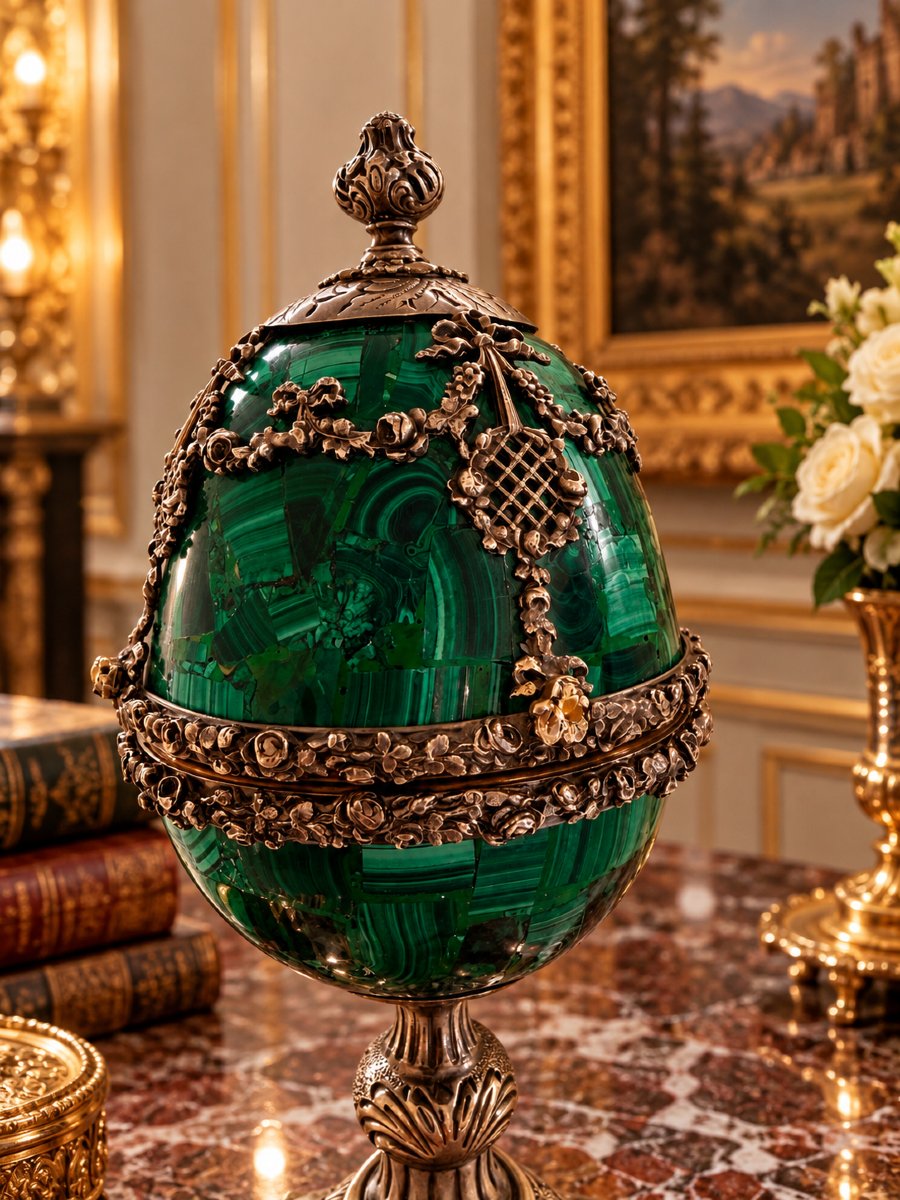 Uovo in malachite, argento e argento dorato con sigillo napoleonico, Francia-photo-3