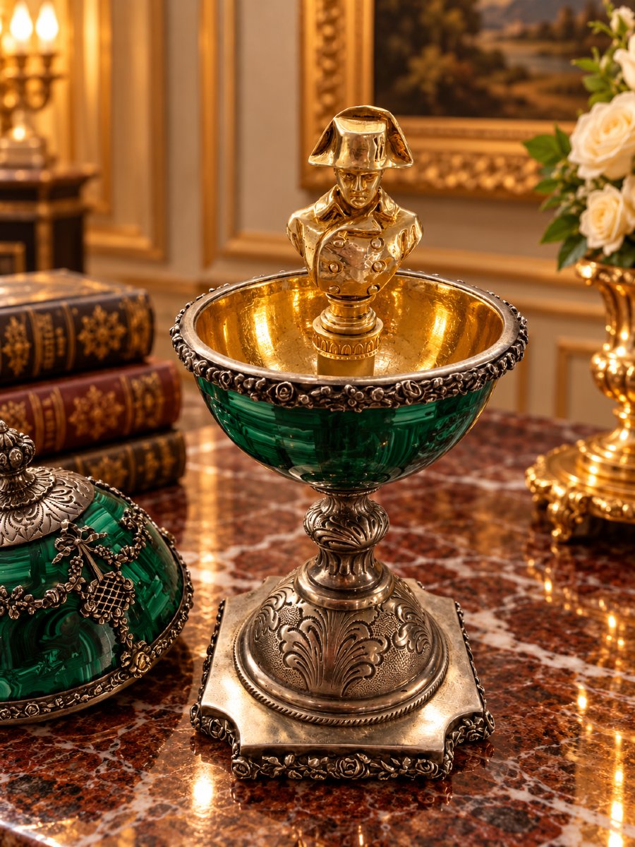 Uovo in malachite, argento e argento dorato con sigillo napoleonico, Francia-photo-4