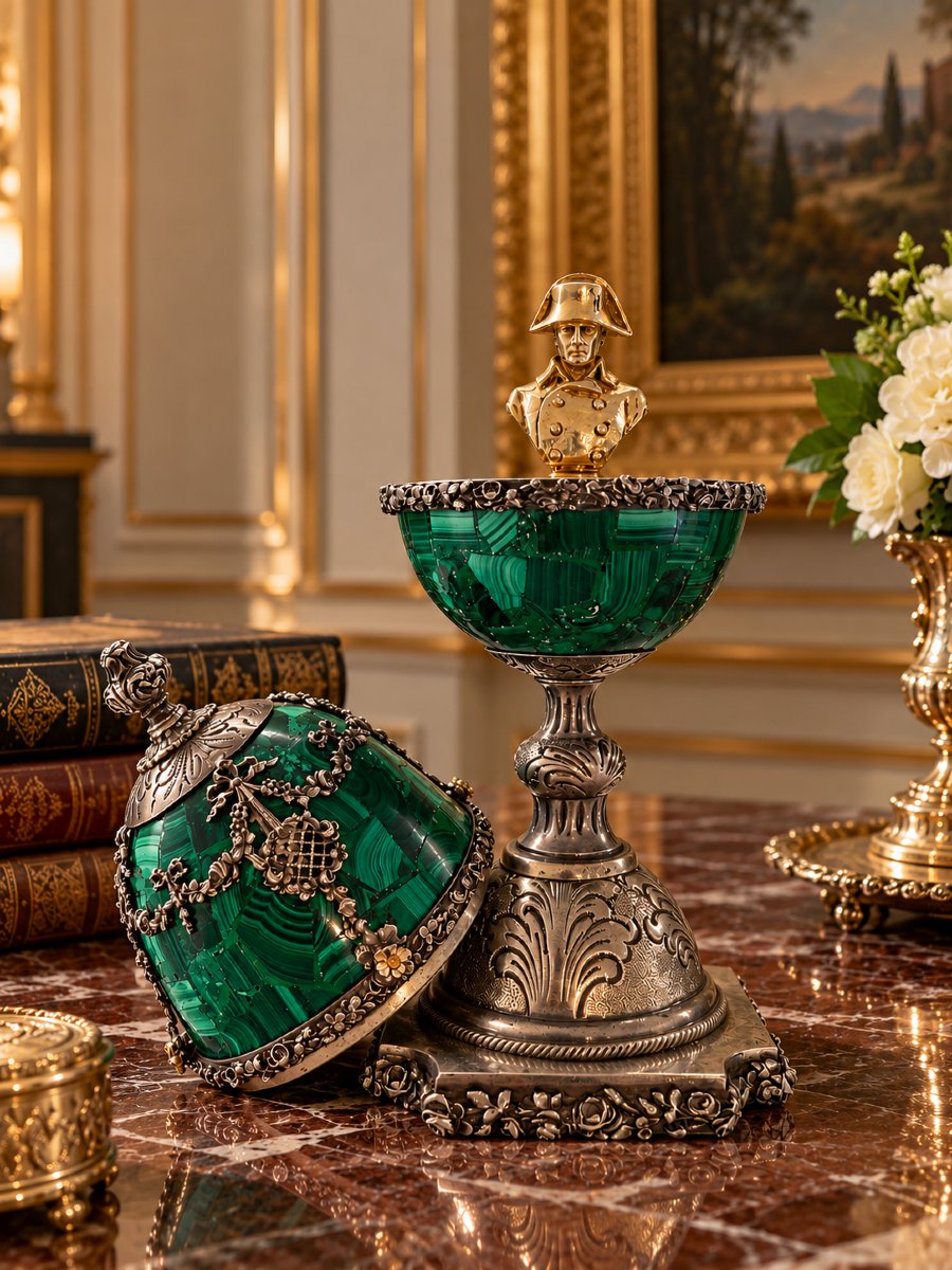 Uovo in malachite, argento e argento dorato con sigillo napoleonico, Francia