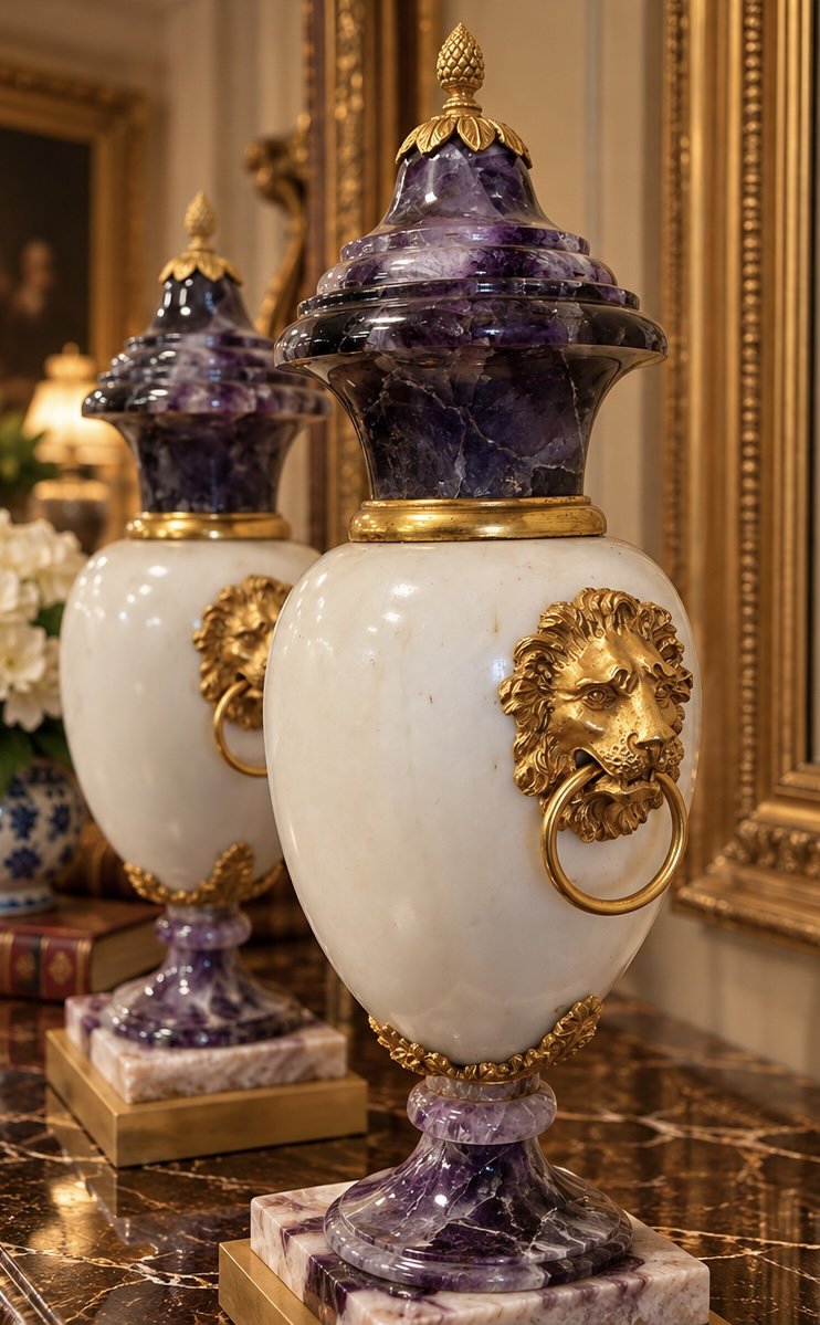 Coppia di vasi in marmo bianco statuario, Blue John e bronzo dorato – Francia, epoca Napoleone -photo-4