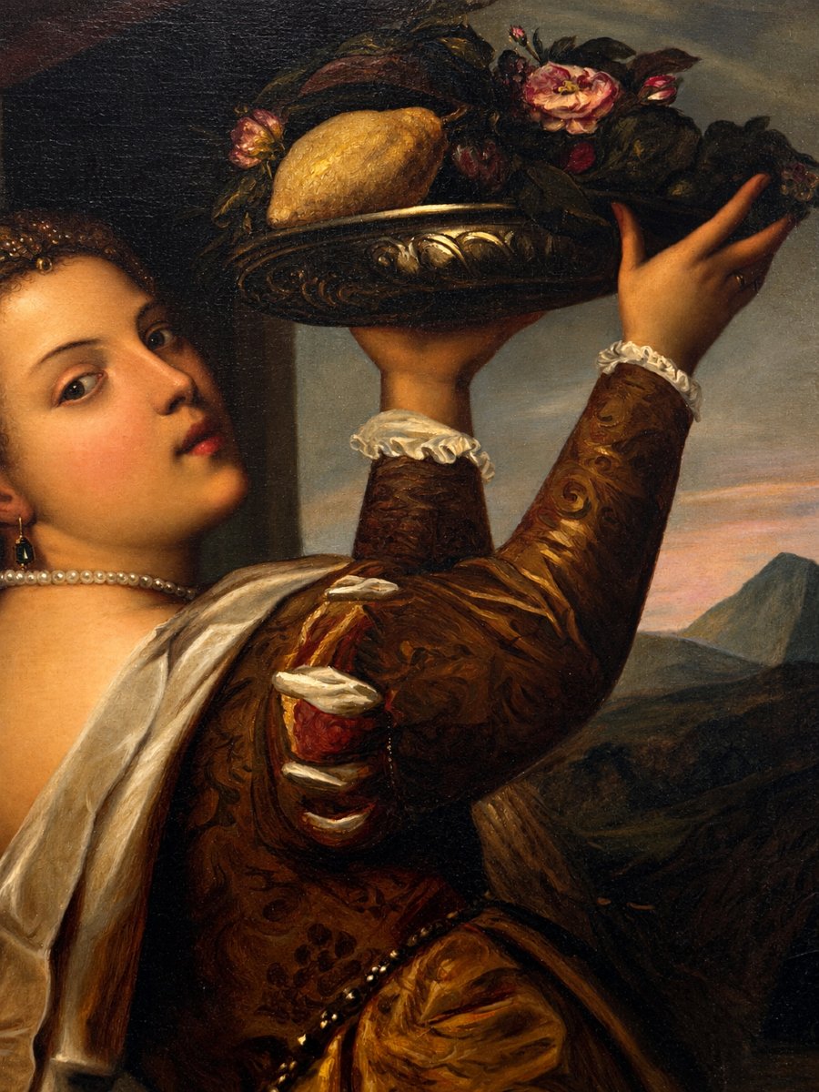 Da Tiziano Vecellio (1488/1490–1576) – Fanciulla con vassoio di frutta – Olio su tela, XIX seco-photo-2