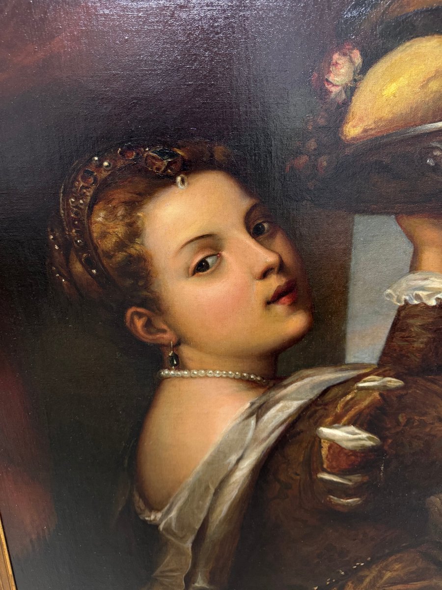 Da Tiziano Vecellio (1488/1490–1576) – Fanciulla con vassoio di frutta – Olio su tela, XIX seco-photo-3