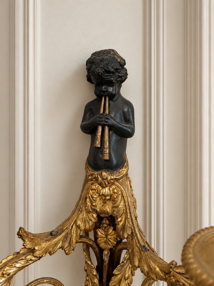 Coppia di applique francesi in bronzo patinato e dorato con putti musicanti – XIX secolo-photo-4