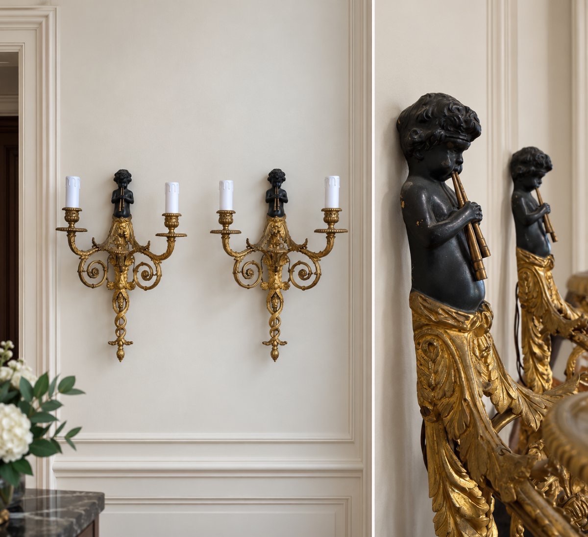Coppia di applique francesi in bronzo patinato e dorato con putti musicanti – XIX secolo