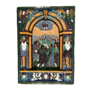 Grande placca votiva in maiolica policroma a rilievo, Sicilia (Caltagirone?), XVII secolo