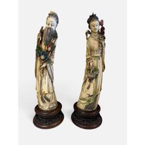  Importante coppia di sculture cinesi in avorio policromo