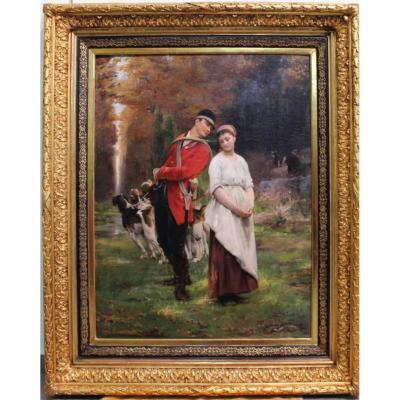 Schneider Louis Amable, 1824-1884 French Signed Oil Painting Of Hunter With Girl And Dogs