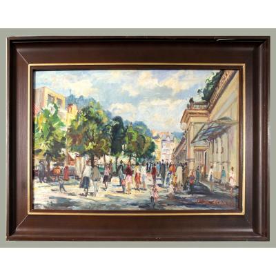 Professor Oldrich Zezula 1907 - 1980 Czech Painter "colonnad De Spa à Carlsbad"