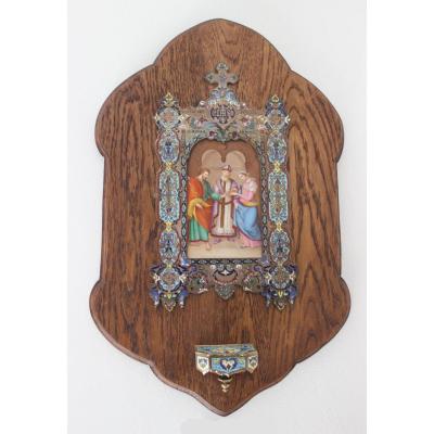 Very Rare French Champleve Of Holy Water Font In Enamel