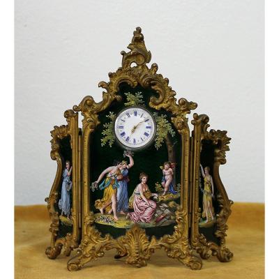 Néo Rococo Viennese Paravan Watch - Enamel Painting Gilt Bronze - Vienna 1860 Austria