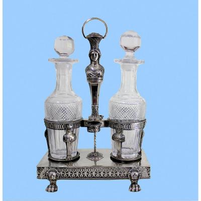 Empire Menage In Silver And Cut Glass For Oil And Vinegar, France Around 1800