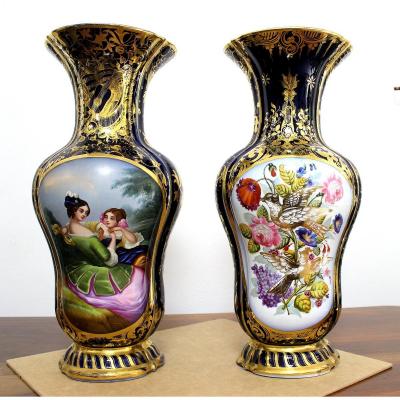Pair Of Decorative Vases In Porcelain Painted France Early 20th Century Height: 48cm