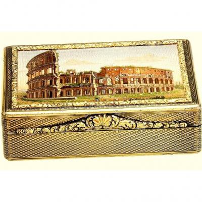 The Micromosaic Snuffbox 'the Colosseum' By Domenico Moglia (1780-1862) Gilded Silverr And 18k Gold.