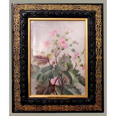 Porcelain Plate Painting Of Flowers Signed By Angéle De Meezemaker France 1886