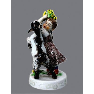 Meissen Porcelain Art Nouveau Figure Of A Young Girl And A Goat