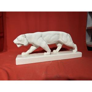 Art Deco Ceramic Panther Sculpture By Emaux De Louviere