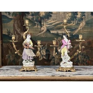 Pair Of 19th Century Bronze And Porcelain Candelabras
