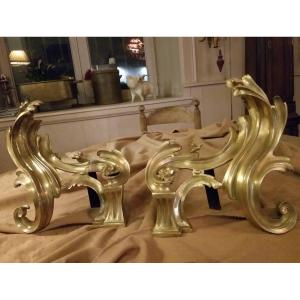 Pair Of Andirons, Gilded Bronze, 19th Century