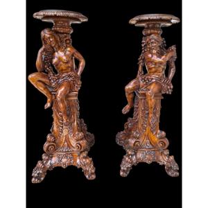 Large Paire Of Pedestals In Carved Walnut
