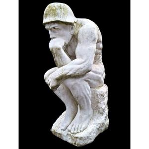 Large Carrara Marble Sculpture After Rodin's "the Thinker".