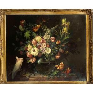 Bouquet Of Flowers With Cockatoo Karl Heinrich Kupper Born In 1864