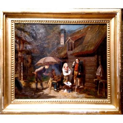 Genre Scene In Front Of A 19th Century Chalet