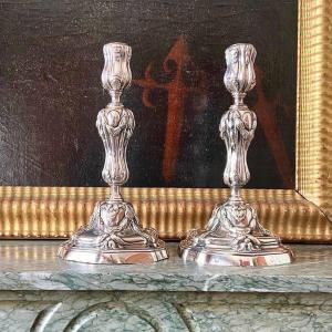 Pair Of Silver Bronze Baluster-shaped Candle Holders. 18th Century Style