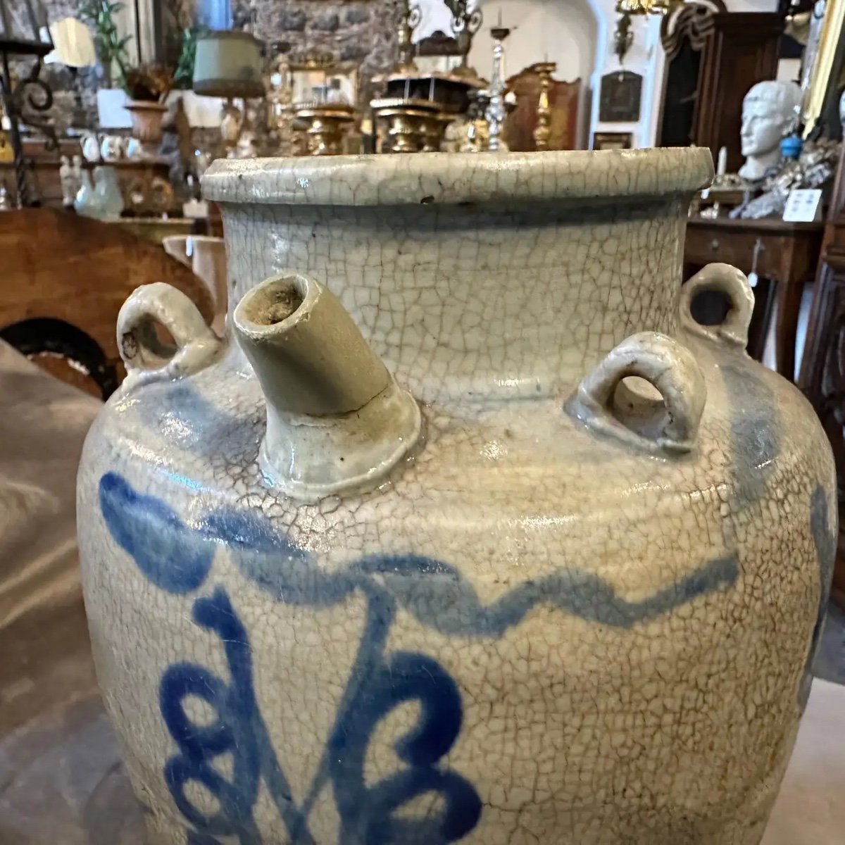 Brocca cinese in ceramica bianca e blu della fine del XIX secolo-photo-4