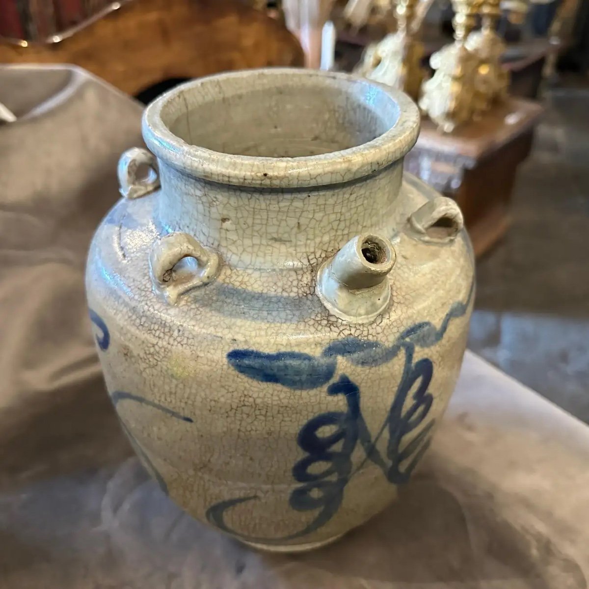 Brocca cinese in ceramica bianca e blu della fine del XIX secolo-photo-7