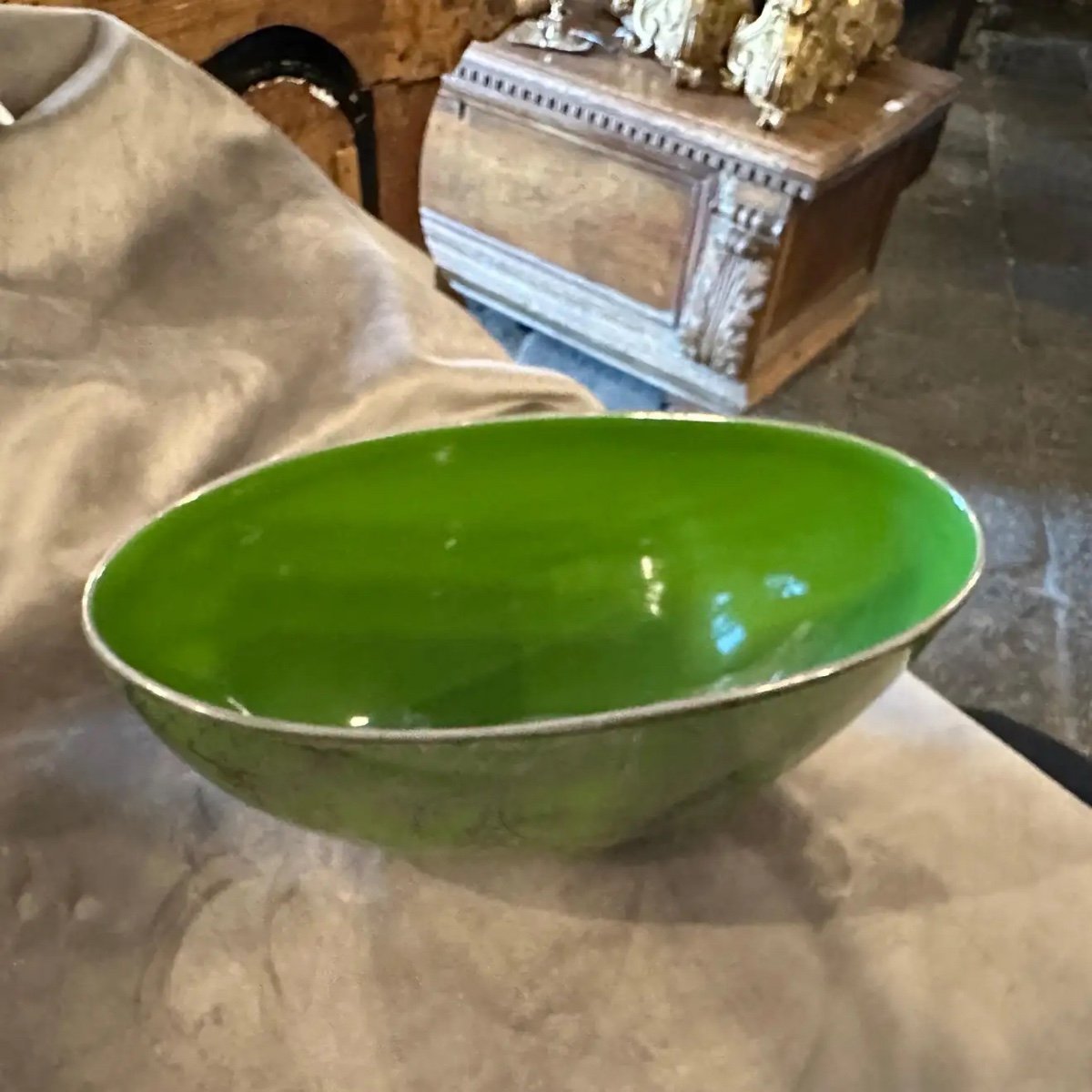 Centrotavola italiano ovale in ceramica verde e argento  Art Déco degli anni '40-photo-3