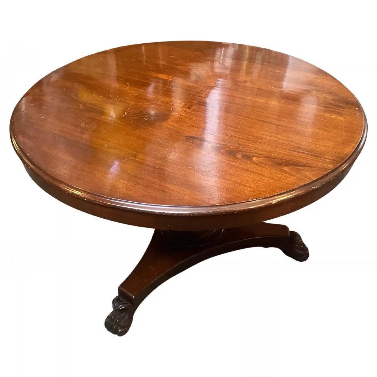 Tavolo rotondo siciliano a ribalta in legno di mogano impiallacciato stile Impero del 1840-photo-3