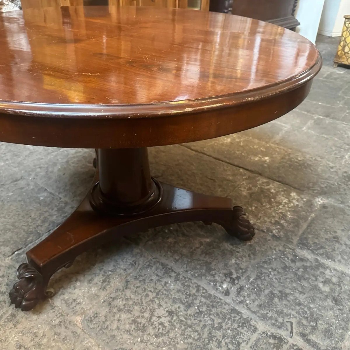 Tavolo rotondo siciliano a ribalta in legno di mogano impiallacciato stile Impero del 1840-photo-6