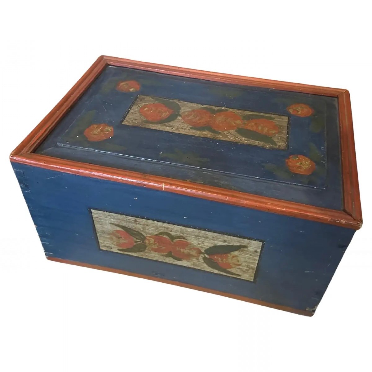 Scatola siciliana stile Louis Philippe del 1890 in legno laccato rosso e blu