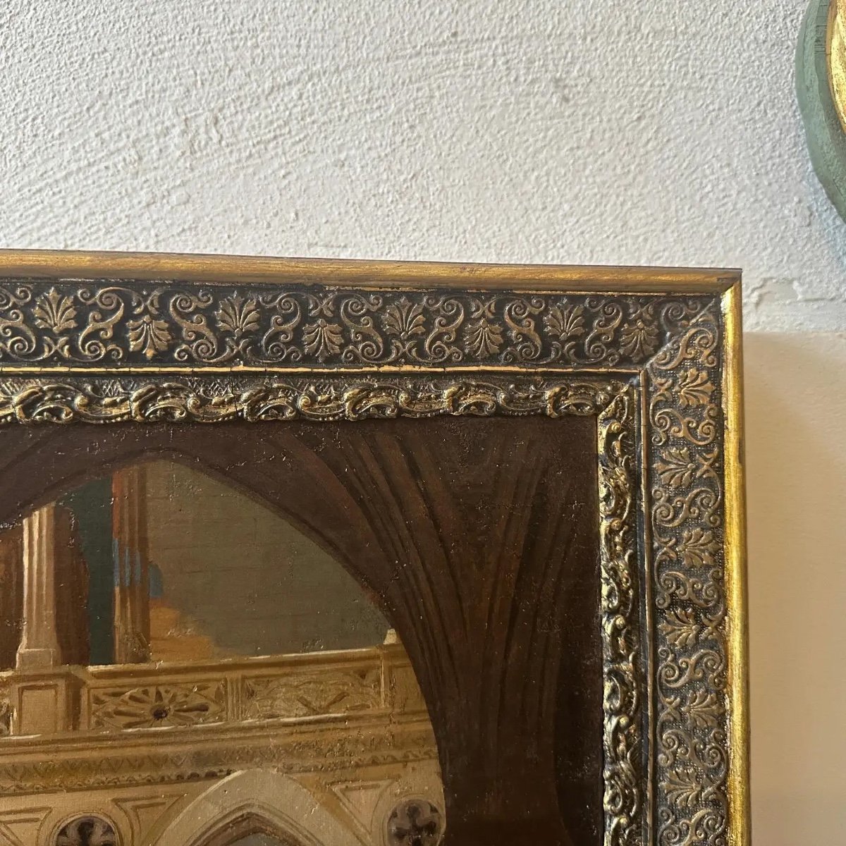 Olio su tela con cornice del XIX secolo raffigurante l'interno di una chiesa-photo-3