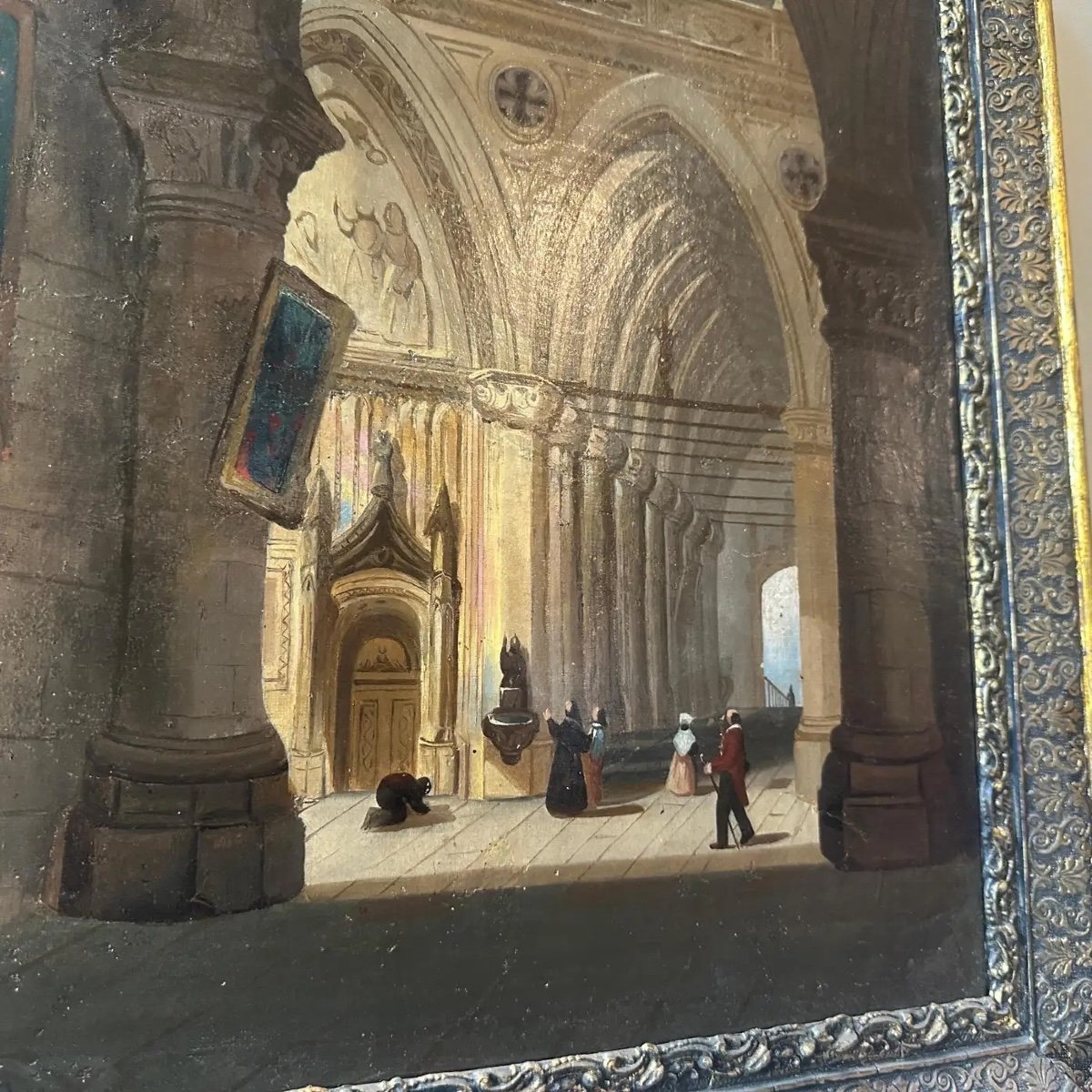 Olio su tela con cornice del XIX secolo raffigurante l'interno di una chiesa-photo-4