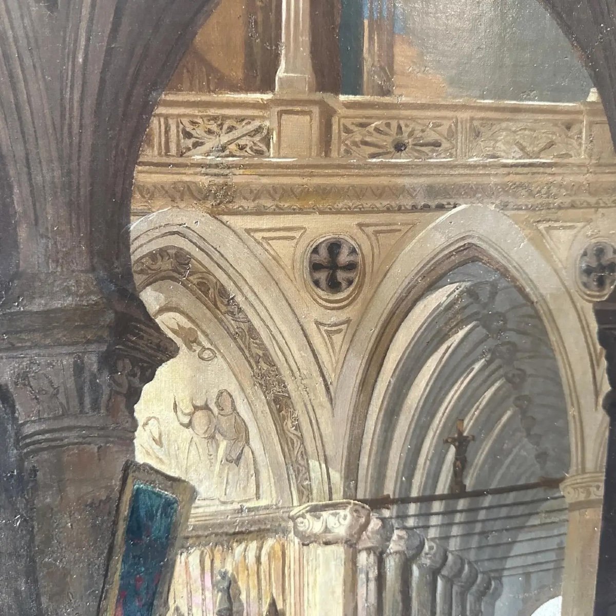 Olio su tela con cornice del XIX secolo raffigurante l'interno di una chiesa-photo-1