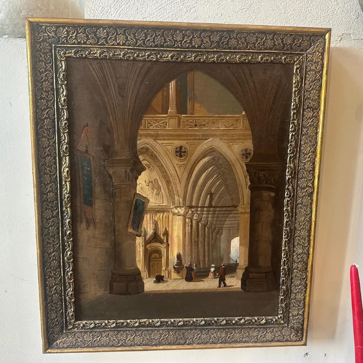 Olio su tela con cornice del XIX secolo raffigurante l'interno di una chiesa-photo-4