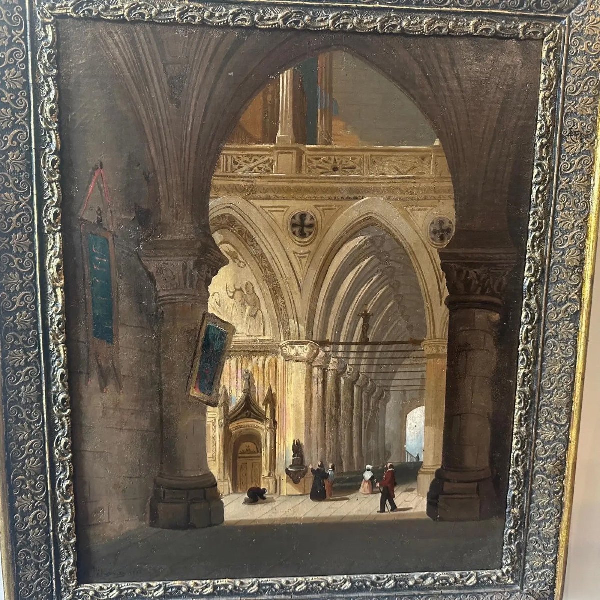 Olio su tela con cornice del XIX secolo raffigurante l'interno di una chiesa-photo-5
