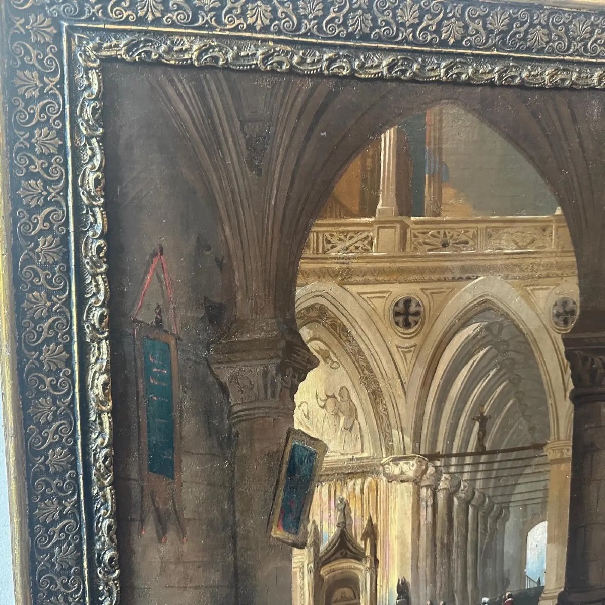 Olio su tela con cornice del XIX secolo raffigurante l'interno di una chiesa-photo-6