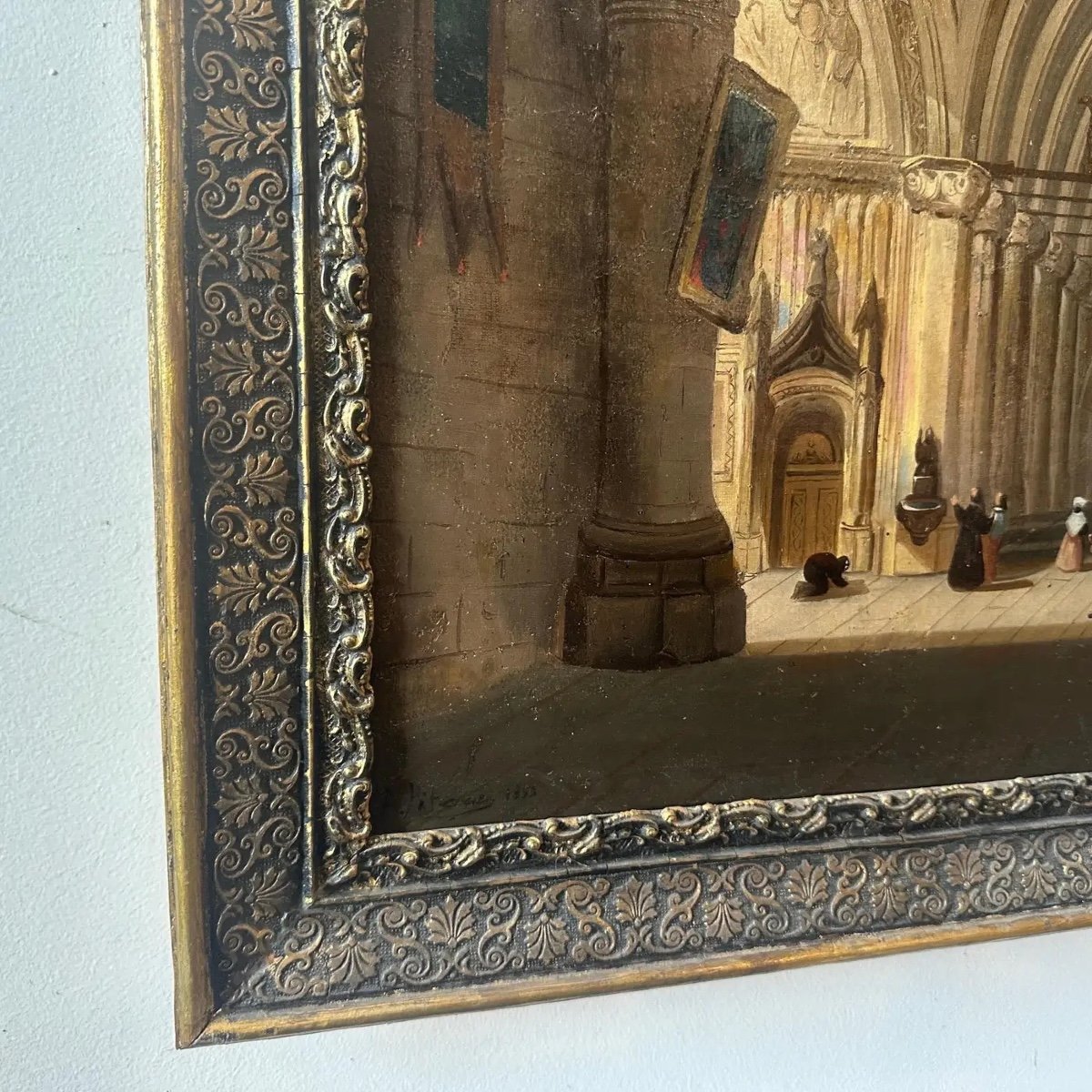 Olio su tela con cornice del XIX secolo raffigurante l'interno di una chiesa-photo-7