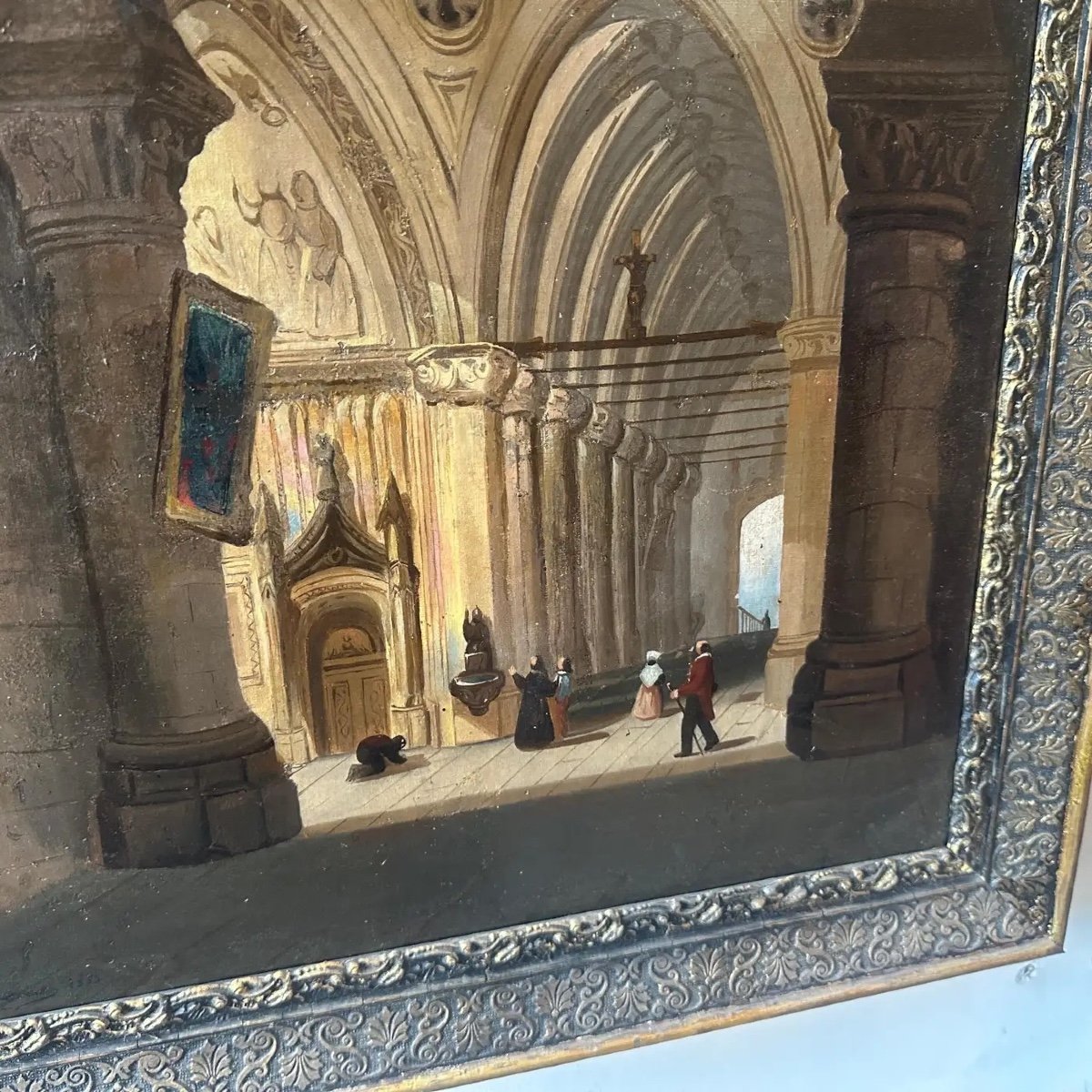 Olio su tela con cornice del XIX secolo raffigurante l'interno di una chiesa-photo-8