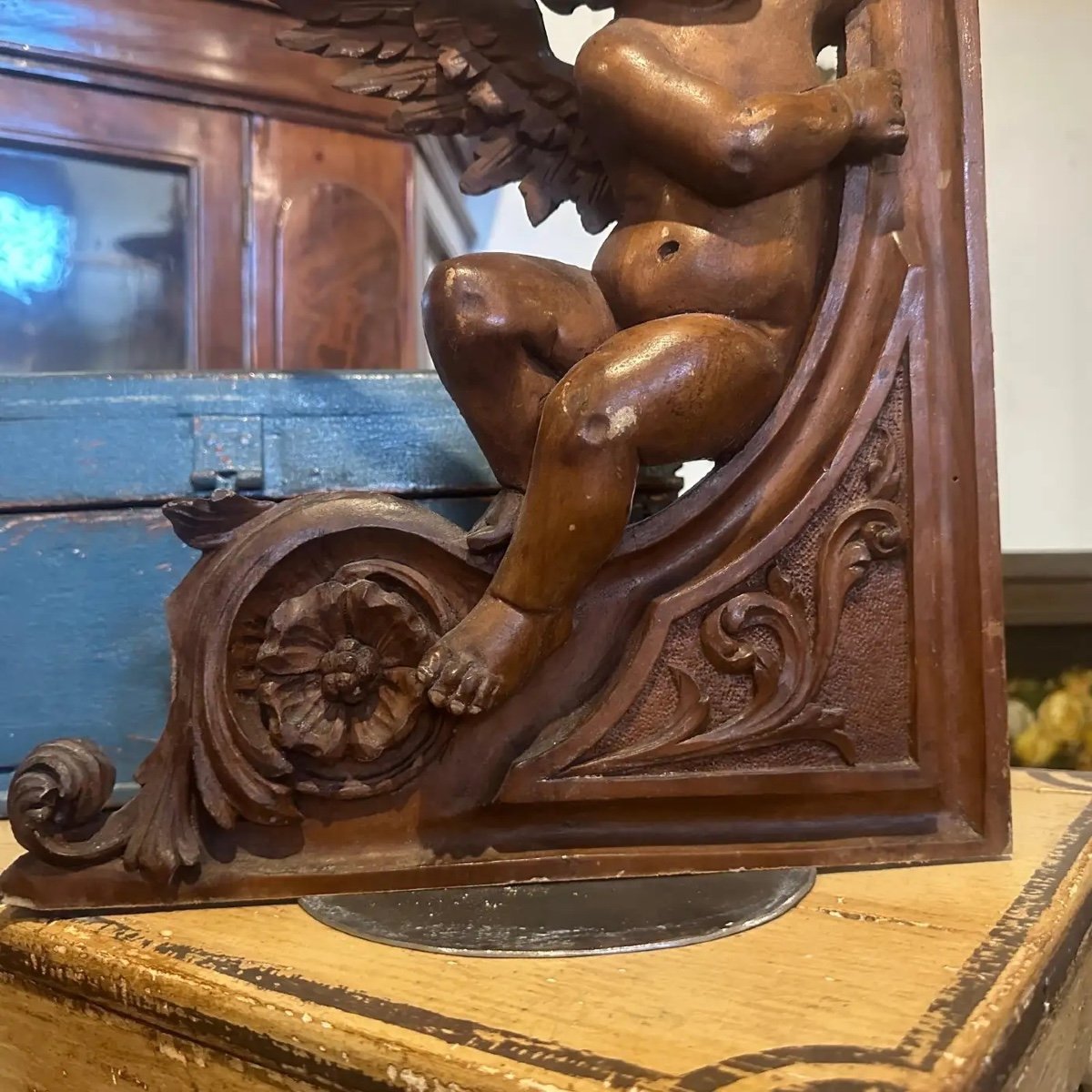 Art Carved del 1890 intagliato a mano in legno di noce frammento di angelo siciliano-photo-4