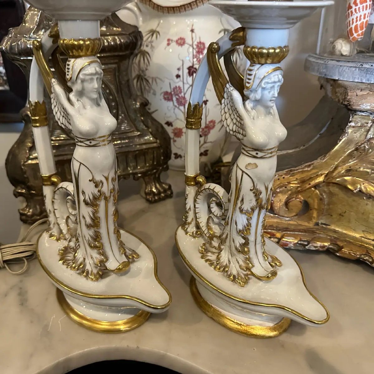 Set di due lampade da tavolo neoclassiche in porcellana di Capodimonte bianca e oro, 1900-photo-4