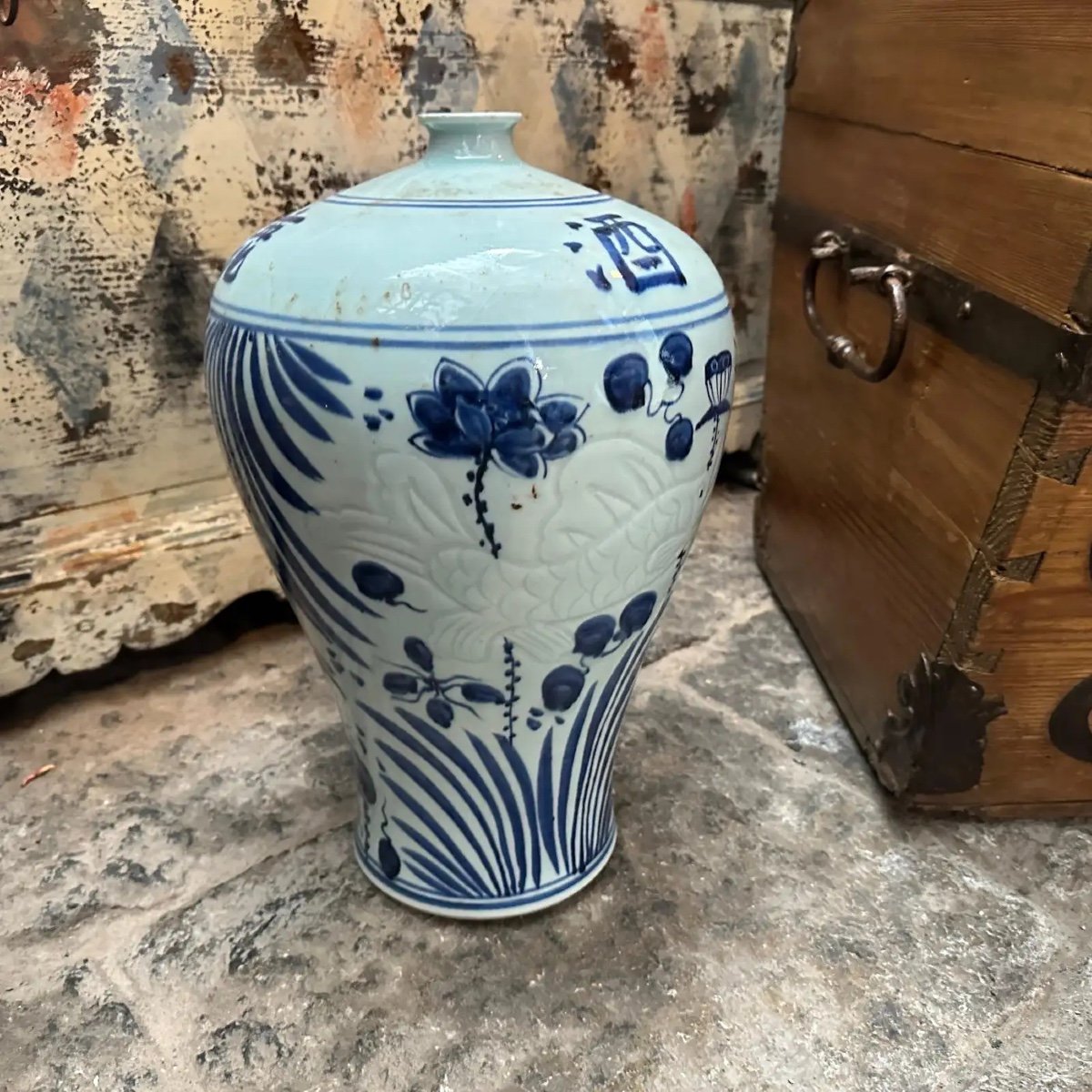  vaso cinese tradizionale in ceramica blu e bianca degli anni '70-photo-1